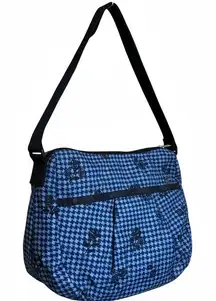 Le Sportsac Blue & Black Pleated Small Crossbody Floral Houndstooth Print, NWOT