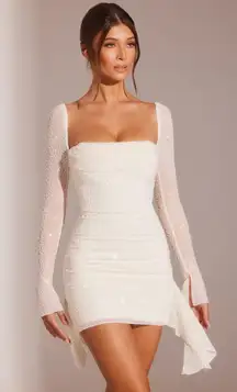 TIVOLI Long Sleeve Embellished Cowl Neck Mini Dress in White