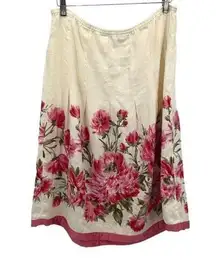 J Jill Womens Side Zip Floral Pleated Linen A-Line Midi Skirt Cream Pink Medium