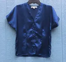 Victoria’s Secret VS Vintage Satin Button Down Pajamas Blouse Top Shirt Blue 90s