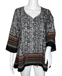 Signature Studio‎ Shirt Womens Small Black White Floral Multi Stripe Tunic Boho