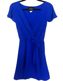 EUC Royal Blue Faux Wrap Dress | Wishful Sash Bow Flutter Sleeve V-Neck Cobalt