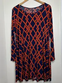 Geometric Swing Dress W/ Pockets Dark Blue Orange No Tags About a Large Stretchy