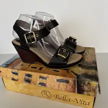 Bella-Vita Wedge Heels Jinny Black Gold Metal Buckles Neutral Gothic Size 8 Wide