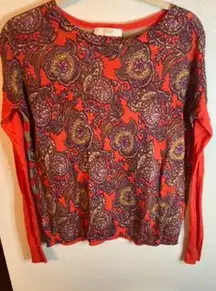 Loft  Paisley Printed Striped Sweater Size Medium Coral Colored