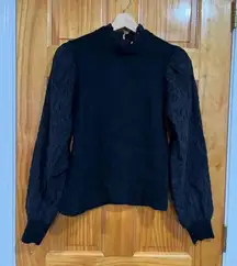 Sea NY Iris Eyelet Black Peasant Balloon Sleeve Wool Cotton Mock Neck Sweater