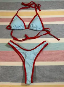NWOT Sky Blue & Red Micro Bikini Set – Size XS