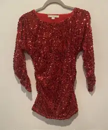 Boston Proper Sequin Top 3/4 Sleeve Cold Shoulder Blouse Ruched Red Size S