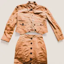 Vintage chic preppy tan khaki 2 piece silk blazer and skirt set