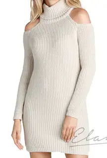 ELAN Beige Tan Turtleneck Cold Shoulder Sweater Dress Tunic Small