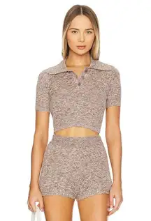Lovers & Friends Rosalie Brown Linen Crop Polo Sweater Shorts Set Small