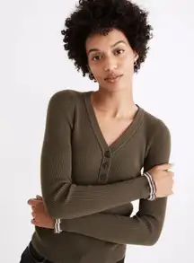 Madewell Women's Ruffle-Cuff Henley Ribbed Slim Fit Sweater Size Small Olive