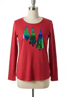 Quacker Factory Shirt L Christmas Tree Sequin Red Long Sleeve Festive Holiday
