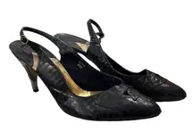 Vtg 80s J.Reneé Slingback Heels Black Faux Snakeskin Pointed Toe Kitten Heel 9M