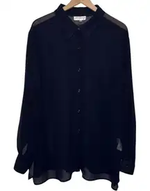 Vintage‎ Sheer Floral Beaded Navy Button Up Blouse