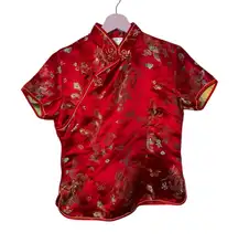 Vintage satin top Gold‎ Dragon Bird print embroidered Red shirt 38/ XS