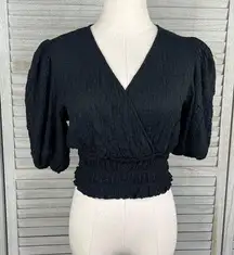 MANGO Cropped Gauzy Puff Sleeve Blouse Black-Small