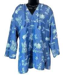 TOMMY BAHAMA Hula Hut Tropical Print Baja Blue Linen Blend Hoodie