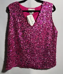 NWT VTG Laurence Kazar 2X Pink Sequin Top Sleeveless Silk V Neck NYE Barbie Glam