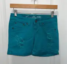 Vanilla Star Y2K Teal Distressed Denim Shorts Juniors Cuffed Jean Style Size 1