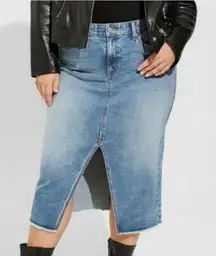 Torrid Plus Midi Denim Long Front Split Jean Skirt Raw Hem Size 18