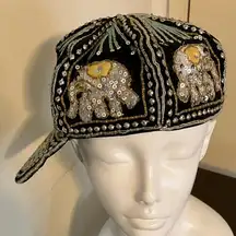 Vintage Ooak Black Velvet Embroidered Gaudy Elephant 🐘 Art Cap Ornate Colorful