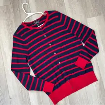 Lands' End Cardigan supima cotton striped womens Red Blue (medium) preppy bright
