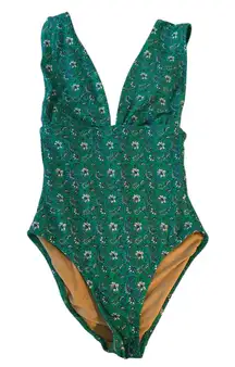 J. Crew Green‎ Floral Plunge One Piece Swimsuit  XS. EUC