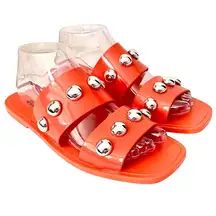 Schutz Nordstrom Lizzie Slides Sandal 9 Silver Studded Open Toe Bright Orange
