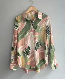 Pink and Green Abstract Print Button Up Blouse