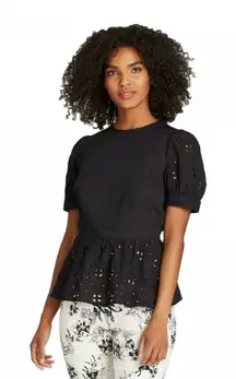 Who What Wear, Eyelet Peplum Top, Black, 100% Cotton, Puff Sleeve Blouse