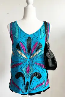 Diane Gilman Sequin Tank Top, 100% Silk Y2K Coquette Party Maximalist Small