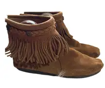 Minnetonka Womens Moccasin Ankle Bootie Back Zip Fringed Brown Suede Size 9