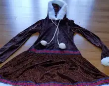Teen / Adult Size Medium Eskimo Girl Costume Dress Brown Velour Faux Fur