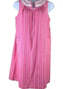 Vintage House Dress Nightgown M/L Stripe Pink White Sleeveless Zip Top Pockets