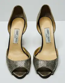Jimmy Choo Logan d’Orsay Peep Toe Glitter Gold Silver Heels Shoes Size 38.5