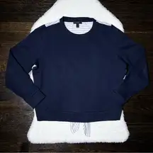 J Crew Navy Jersey Crew Neck Sweater with Stripe Cotton Button Down Back
