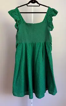 Timeless London Green Eyelet Dress UK20 US16 Flutter‎ Sleeve Smocked Casual