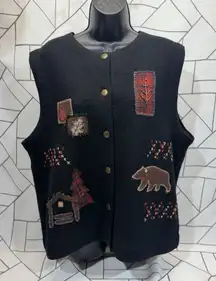 Woolrich Womens L Large Button Up Embroidered Wool Vest Bear MISSING 1 BUTTON