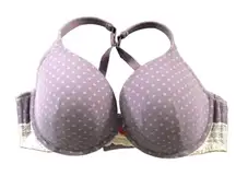 Cacique Plunge Underwire Purple Printed Bra 44D W/Lace & Push Up Cups Feminine