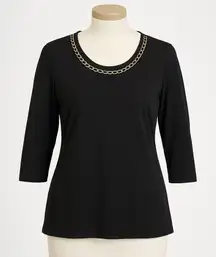 Dennis Basso‎ Blouse Black Chain Neck Tunic Top Women M Gold Shimmer Minimalist