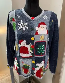 Natural Reflections Button Up Patchwork Embroidered Christmas Sweater Santa L