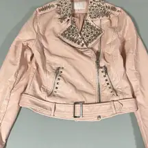 Mauve Pink Pastel Punk Rock Silver Spiked Studded Leather Motorcycle Moto Jacket Coat Size S ⛓🎀