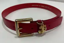 Women Red Skinny Belt Full Grain Cowhide Leather ML Nautical Anchor Charm Preppy