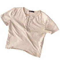 Zara Short Sleeve V-Neck Snap Front Beige Tee T-Shirt Cropped Size Small
