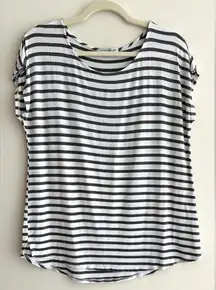 Green Envelope Grey and White Striped Short Sleeve T-Shirt, Size Large