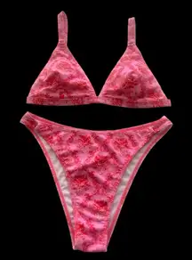 Vibrant Pink and Red Bikini with Triangle Top and High-Cut Design