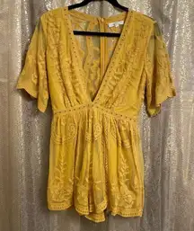 Honey Punch Mustard Yellow Boho Embroidered Crochet Lace Romper, Small