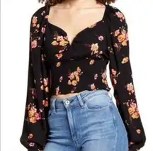 Leith  floral Smocked Cropped blouse Boho Black Career Dressy Party S Night out