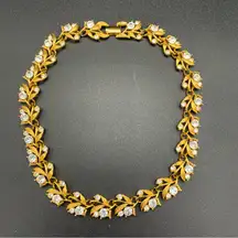 Vintage Napier Rhinestone Leaf Leaves Gold Tone Link Statement Necklace 17"